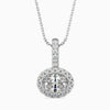 An oval cut halo pendant with a diamond encrusted setting on a white background.