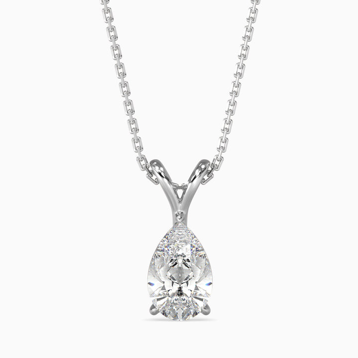 A pear cut diamond pendant with a laboratory-grown diamond as the main feature, set in a chain.