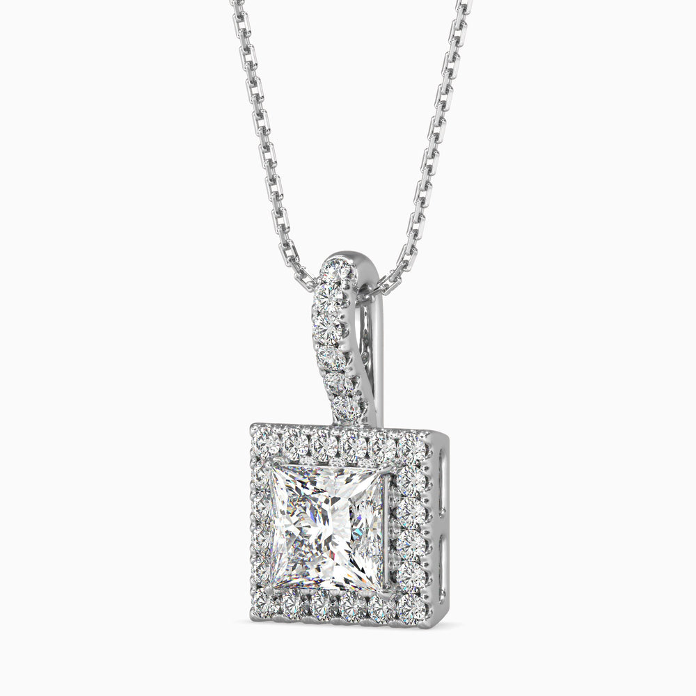 Diamond pendant necklace on a white background