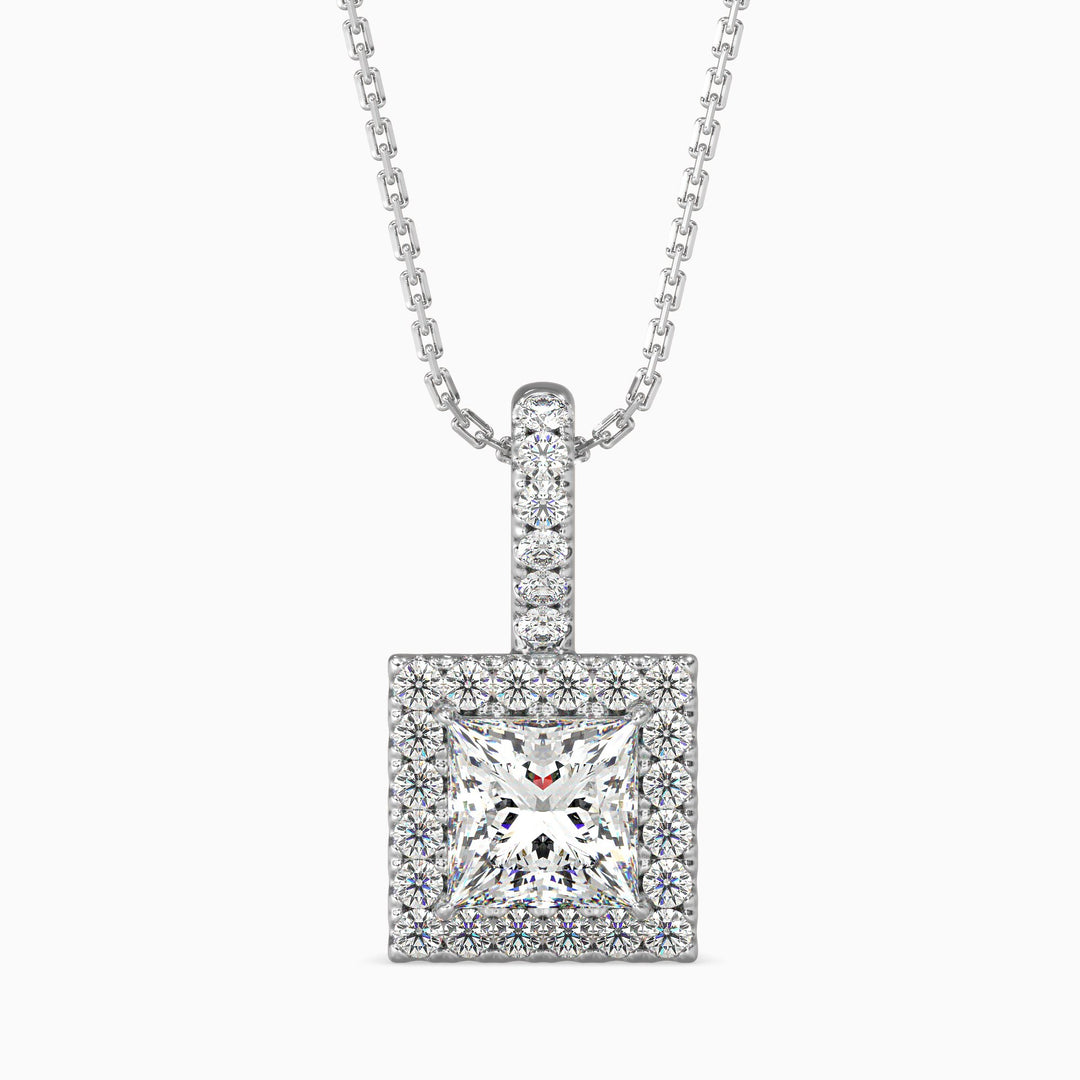 A princess cut halo pendant with a chain, featuring a square shape and made of lab grown diamonds in white gold.