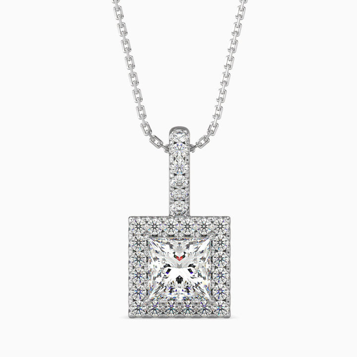A princess cut halo pendant with a chain, featuring a square shape and made of lab grown diamonds in white gold.