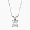 A radiant cut diamond pendant with a colorless stone set in a white gold or platinum chain.