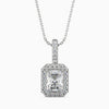 A radiant cut halo pendant with a central diamond surrounded by smaller diamonds, set in a white gold or silver chain.