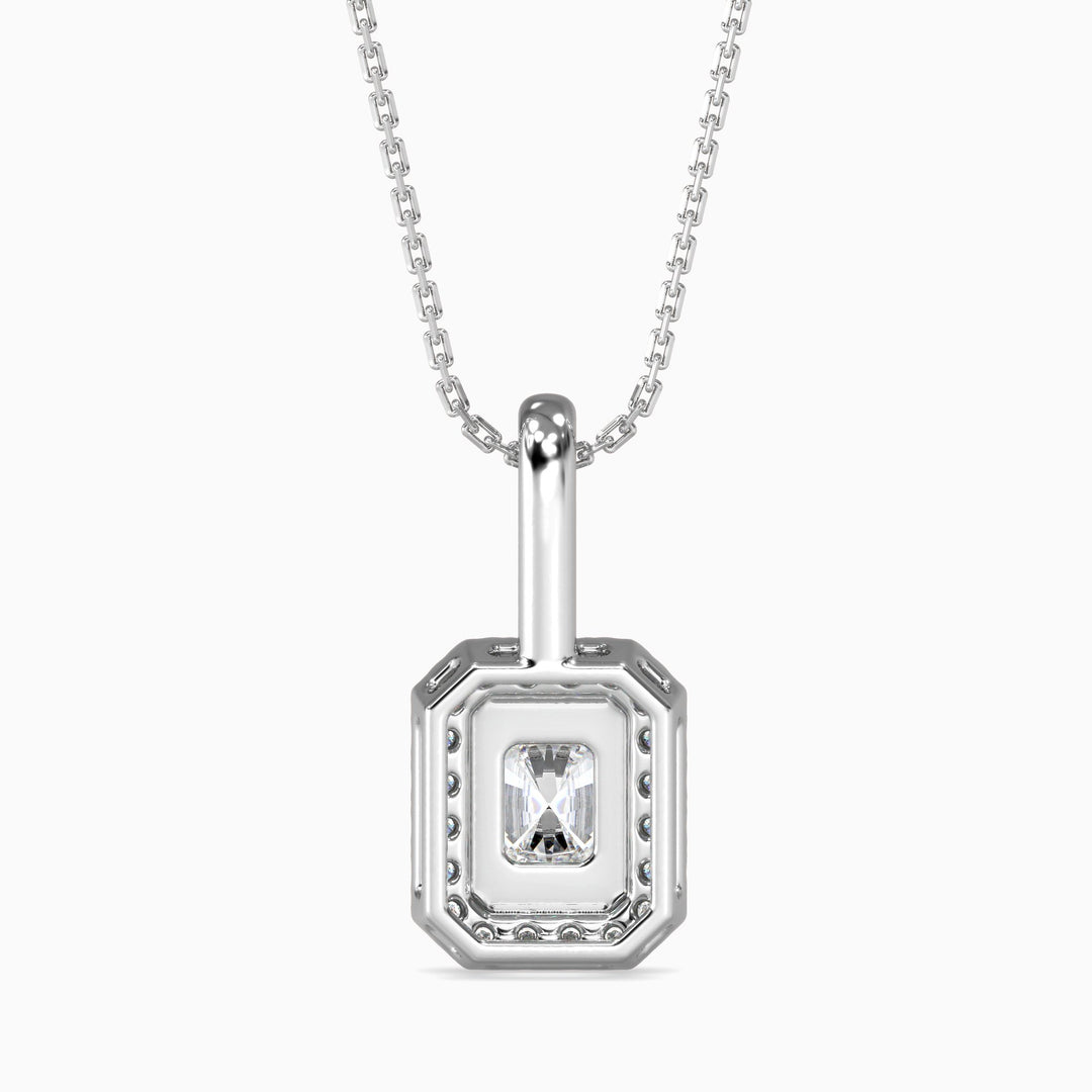 Silver pendant necklace with a diamond on a white background