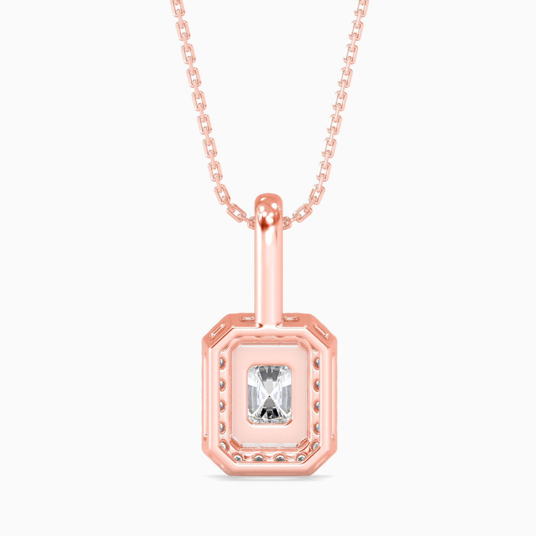 Rose gold pendant necklace with a diamond on a white background