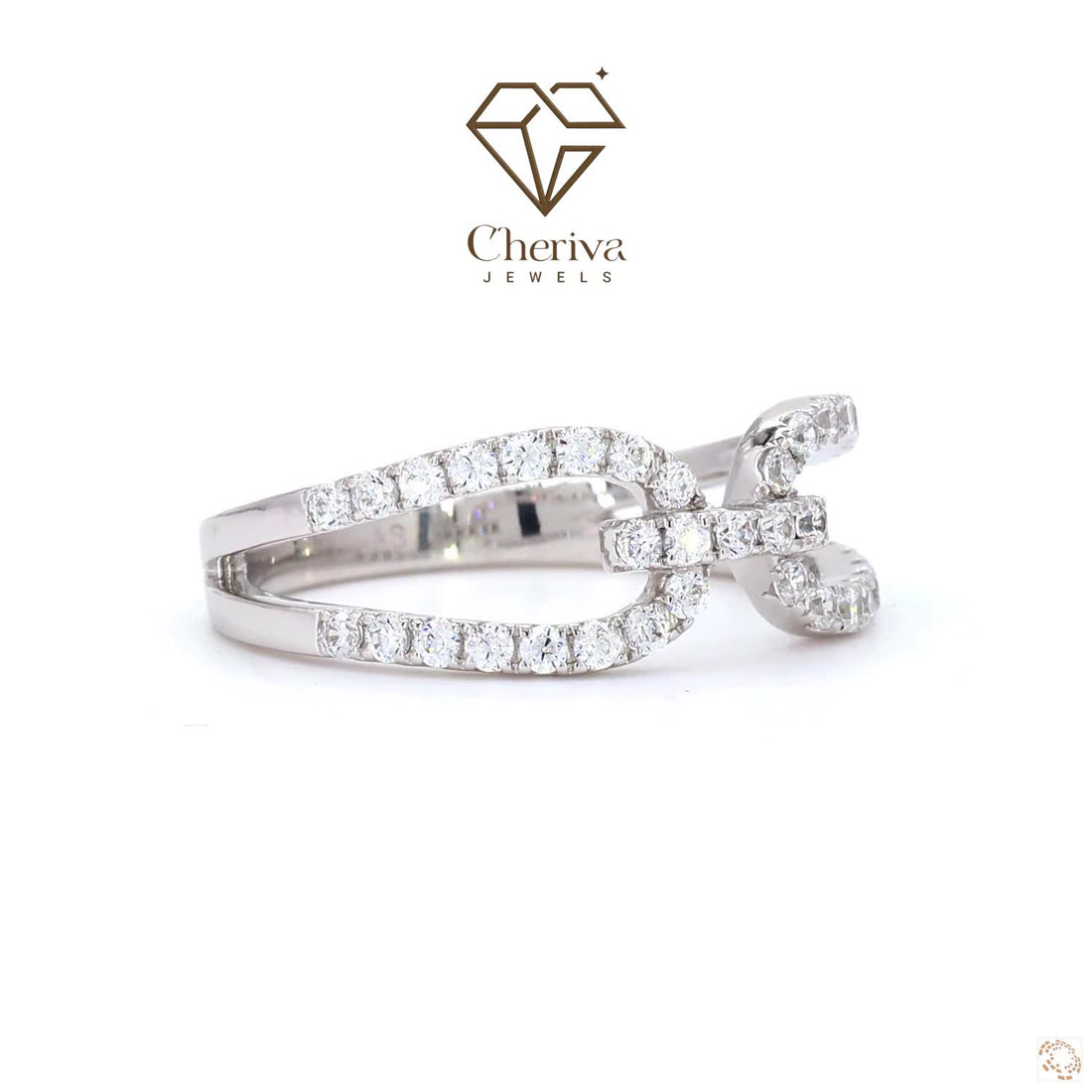 Diamond ring with Cheriva Jewels logo on a white background