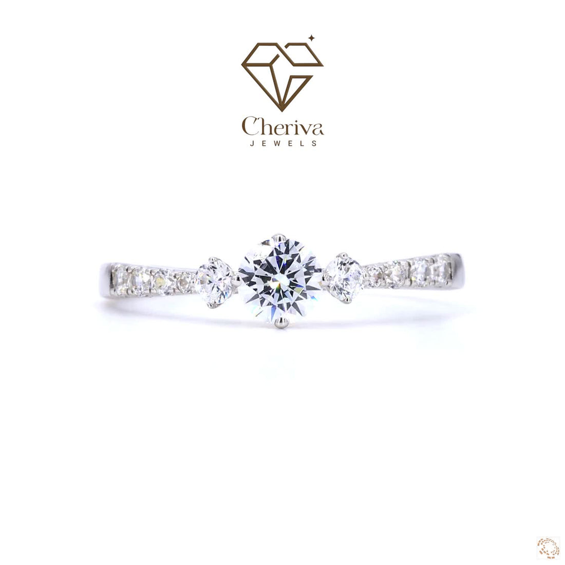 Diamond ring with 'Cheriva Jewels' logo on a white background