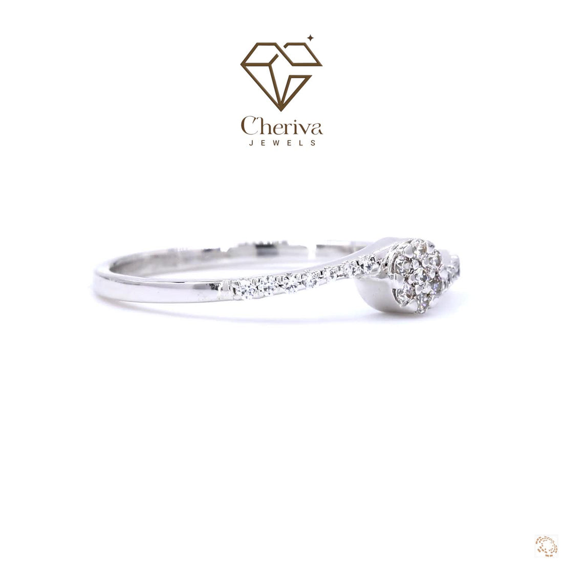 Silver ring with diamond accents on a white background, featuring the Cheriva Jewels logo.