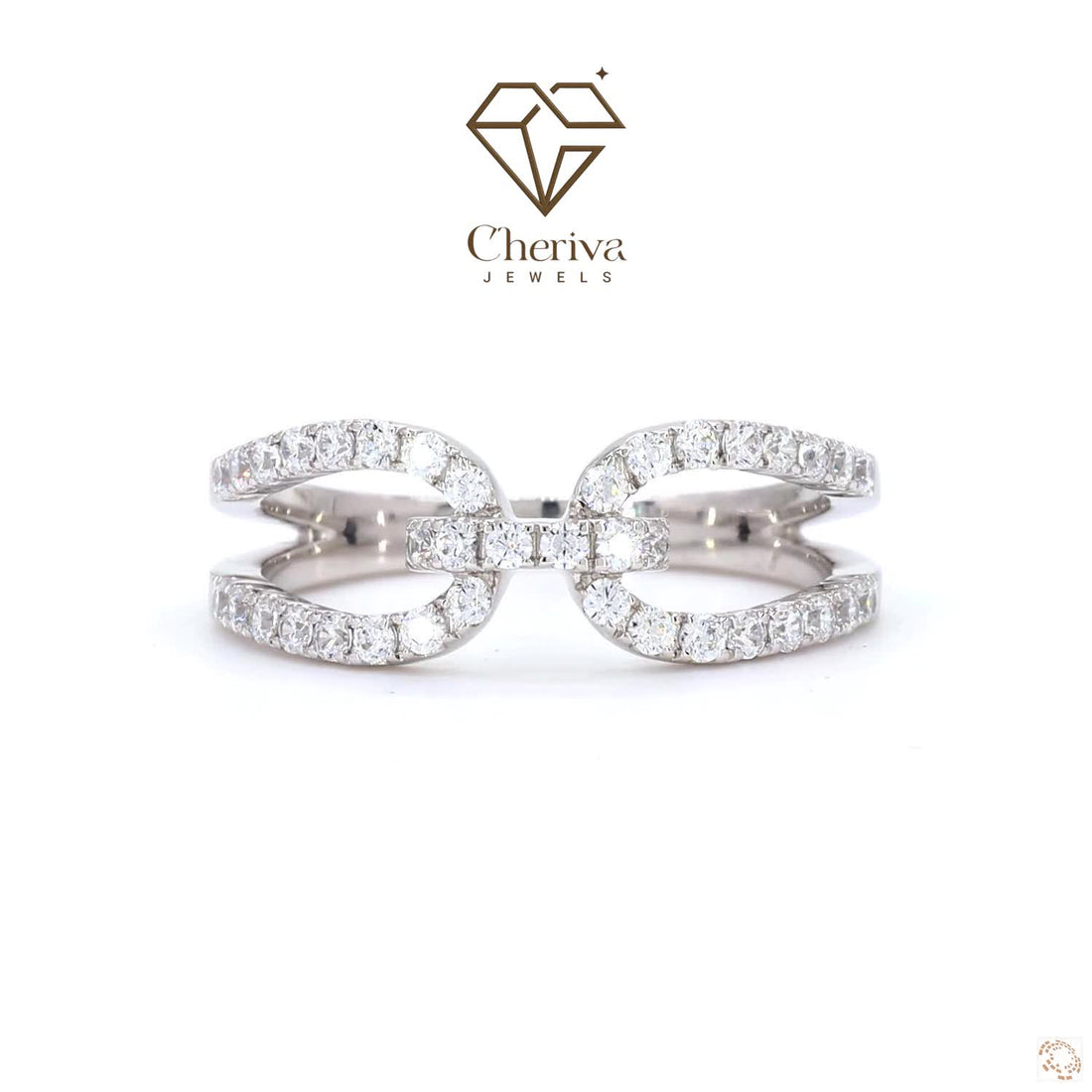 Pair of silver rings with clear stones on a white background, featuring the Cheriva Jewels logo.