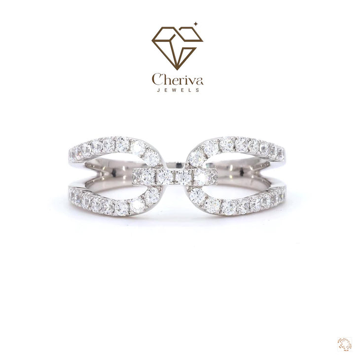 Pair of silver rings with clear stones on a white background, featuring the Cheriva Jewels logo.
