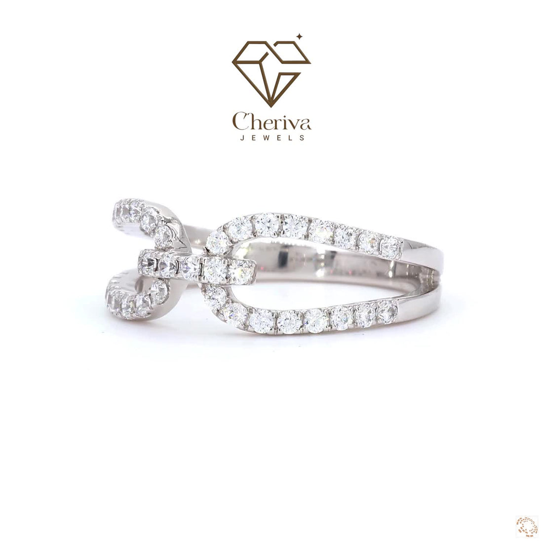 Silver ring with diamonds on a white background, featuring the Cheriva Jewels logo.