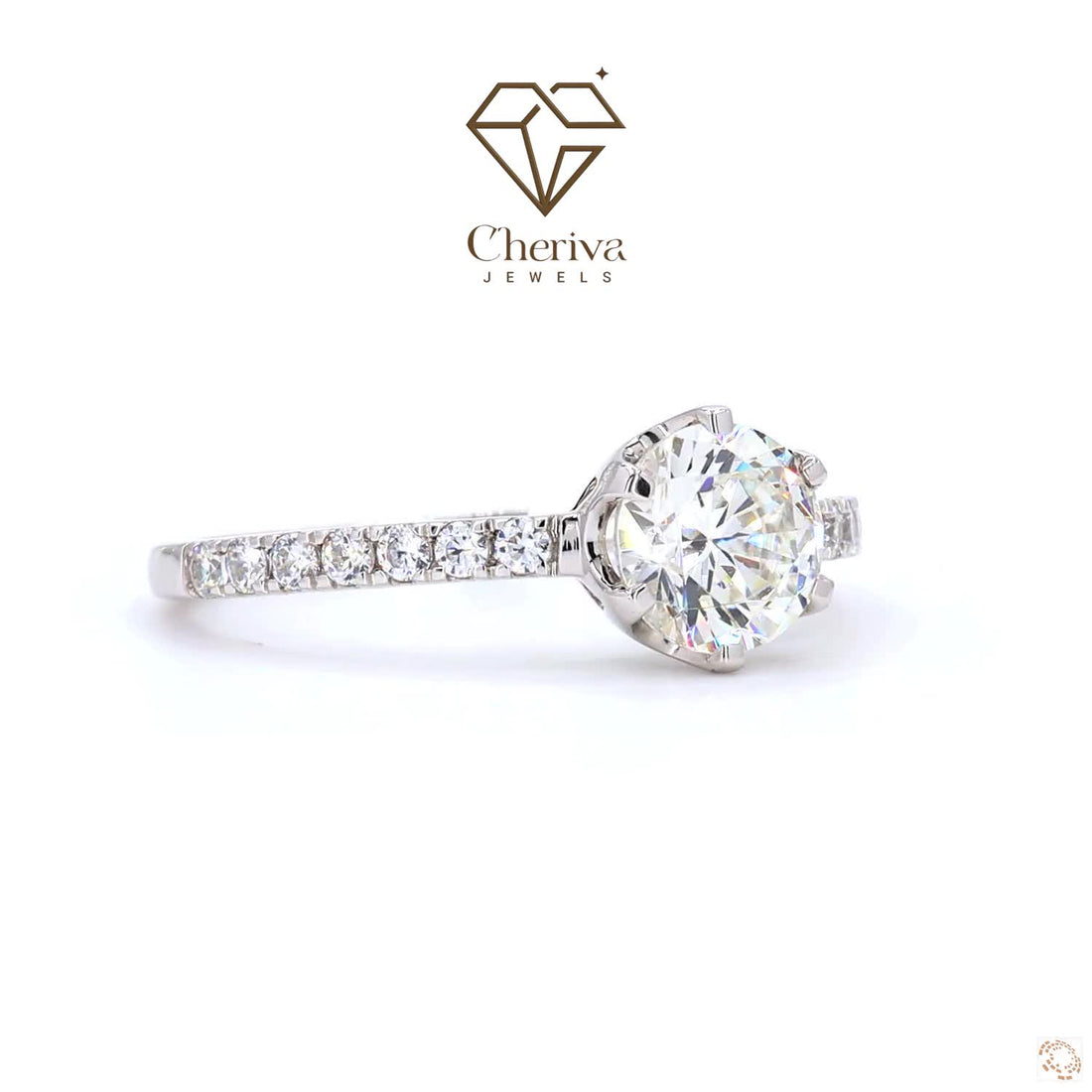 Round Diamond ring with Cheriva Jewels logo on a white background