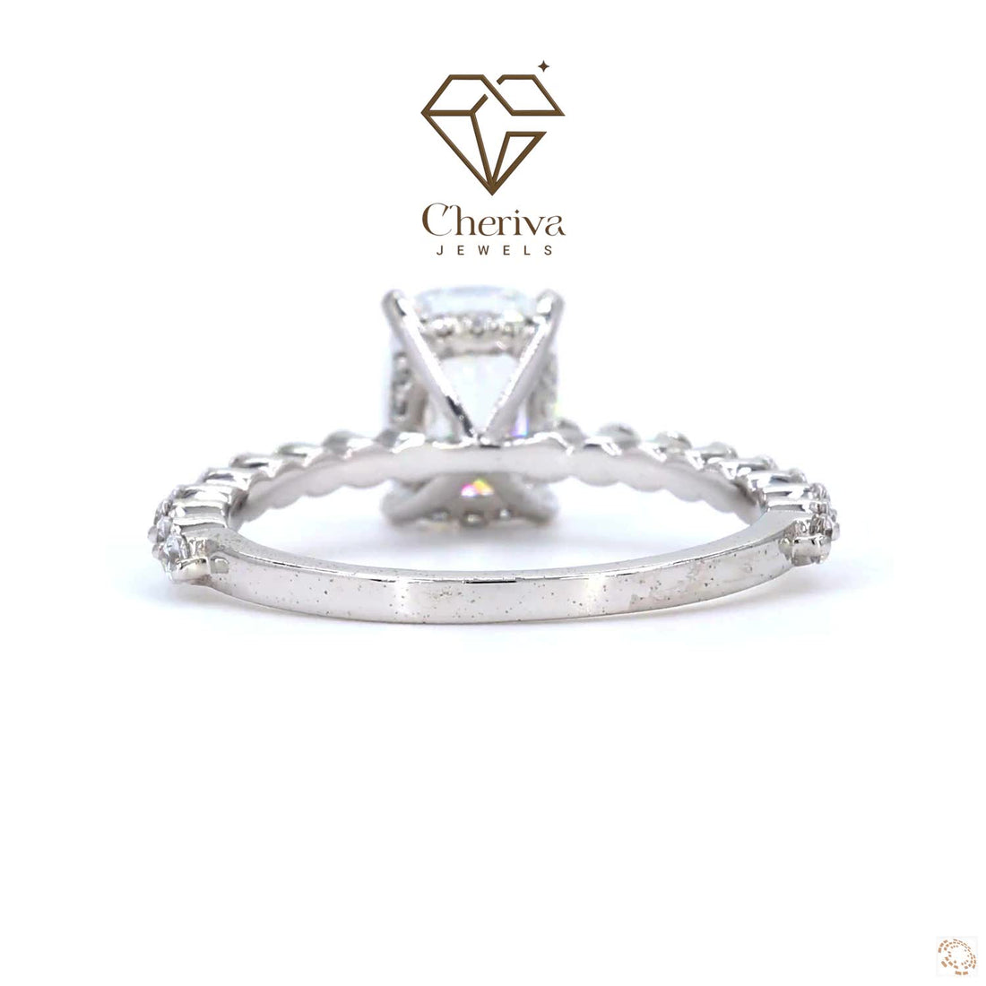 Silver ring with a diamond on a white background, featuring the Cheriva Jewels logo.