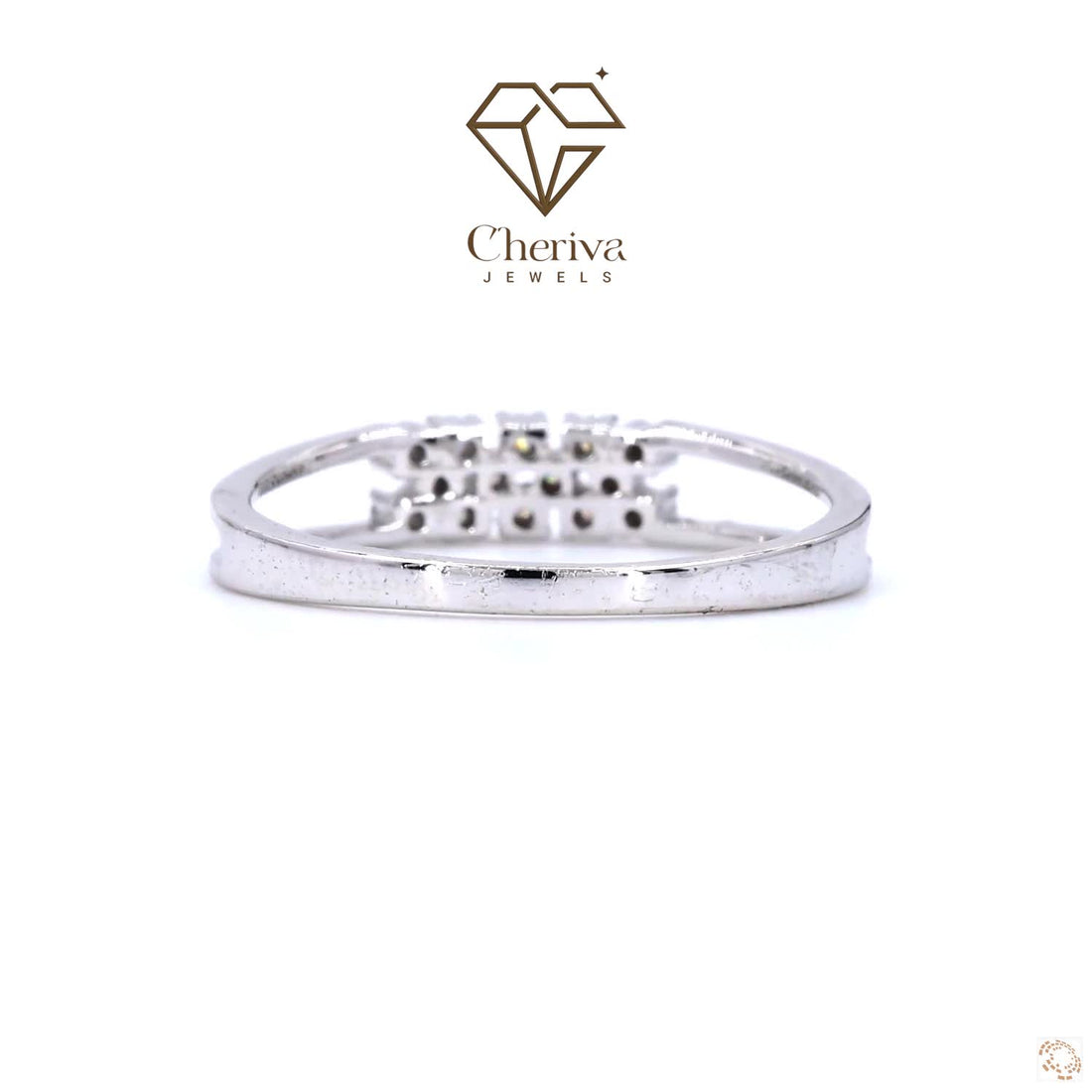 White Gold ring with small stones on a white background featuring Cheriva Jewels design.