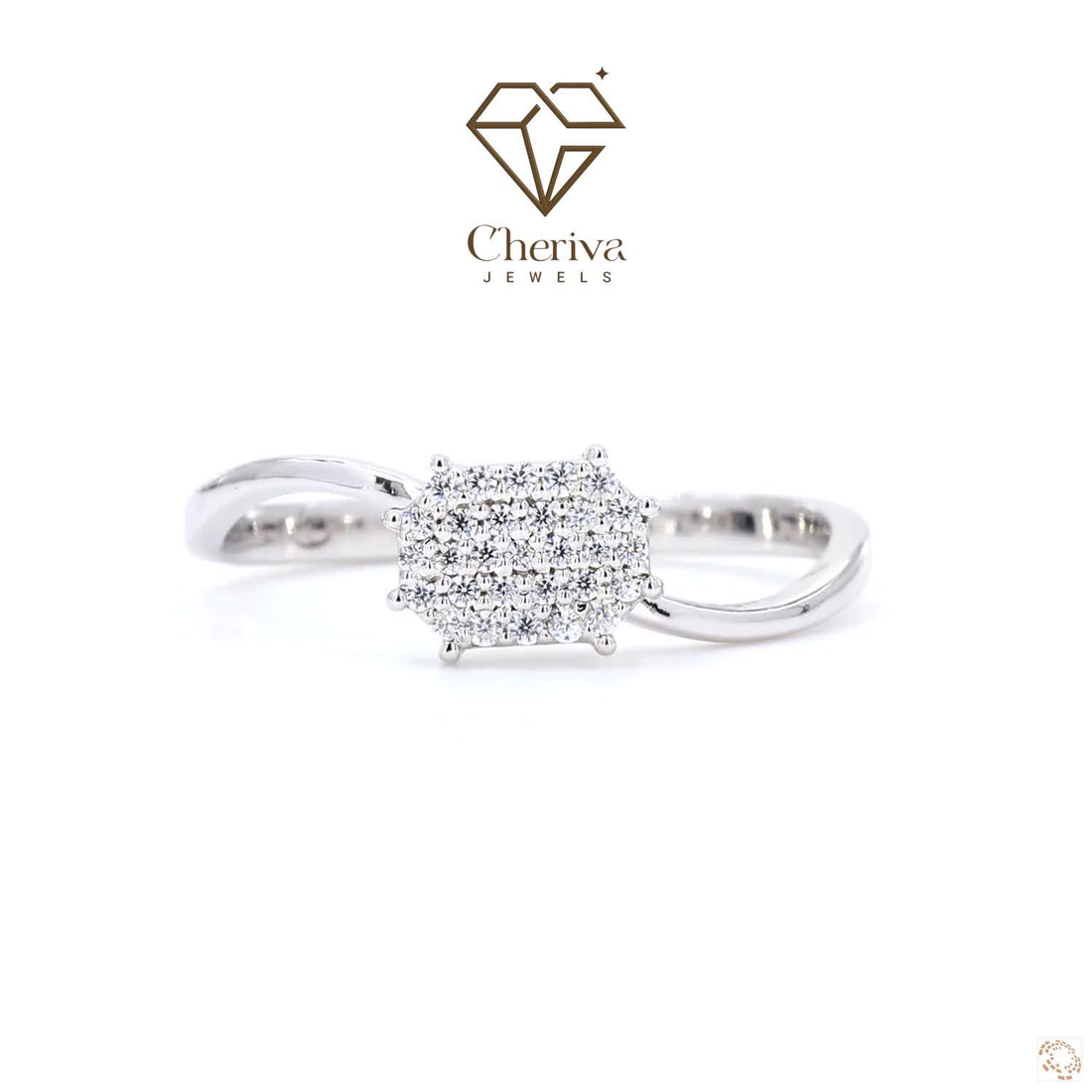 Silver ring with diamond-like stones on a white background, featuring Cheriva Jewels logo.