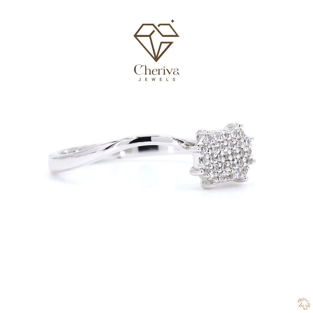 Silver ring with diamond-like stones on a white background, featuring Cheriva Jewels logo.