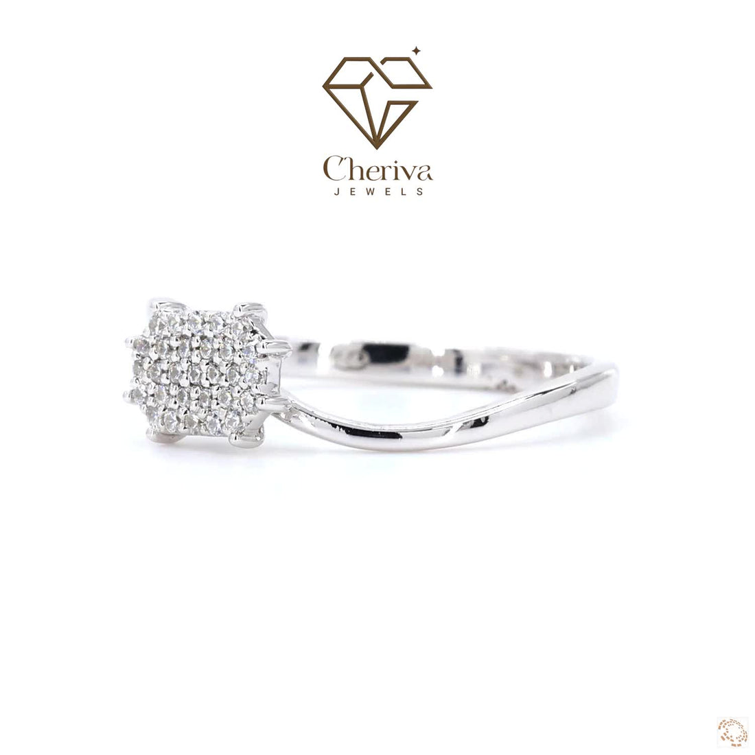 Silver ring with diamond accents on a white background, featuring Cheriva Jewels logo.