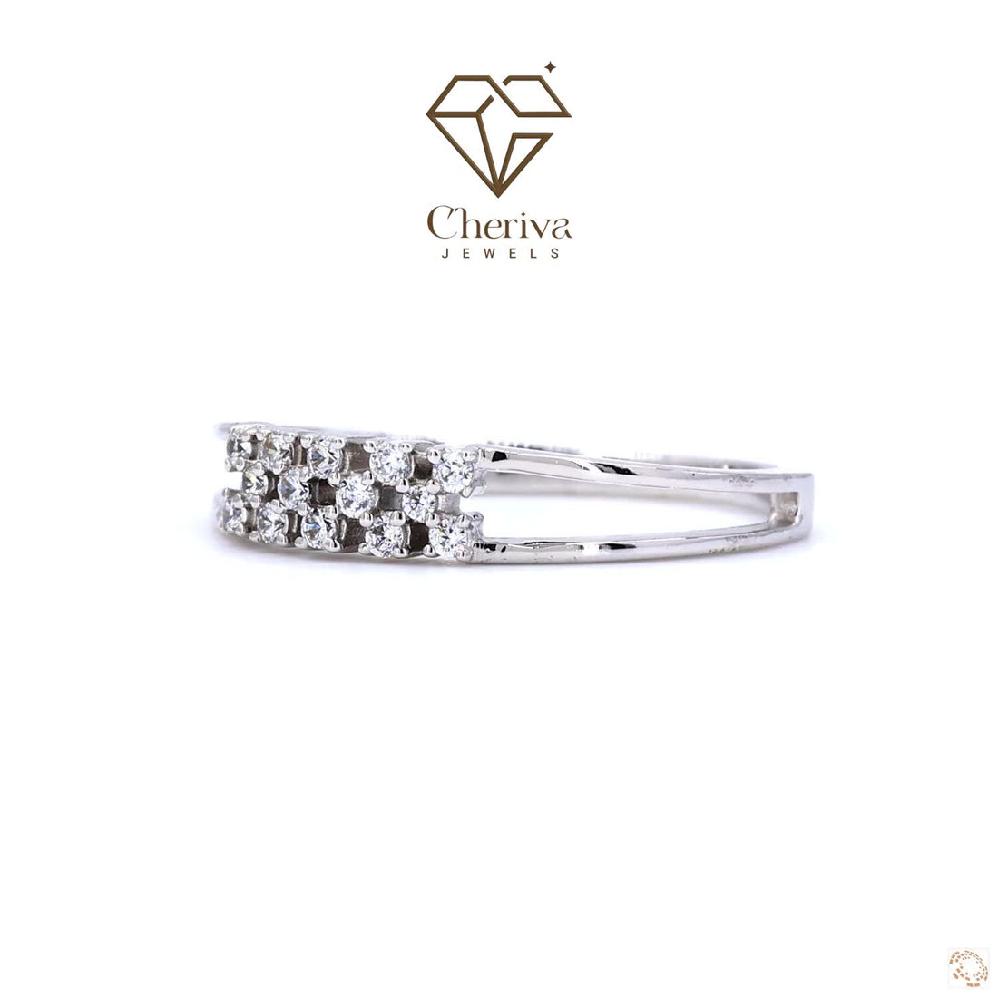 Solitare ring with diamonds on a white background featuring the Cheriva Jewels.