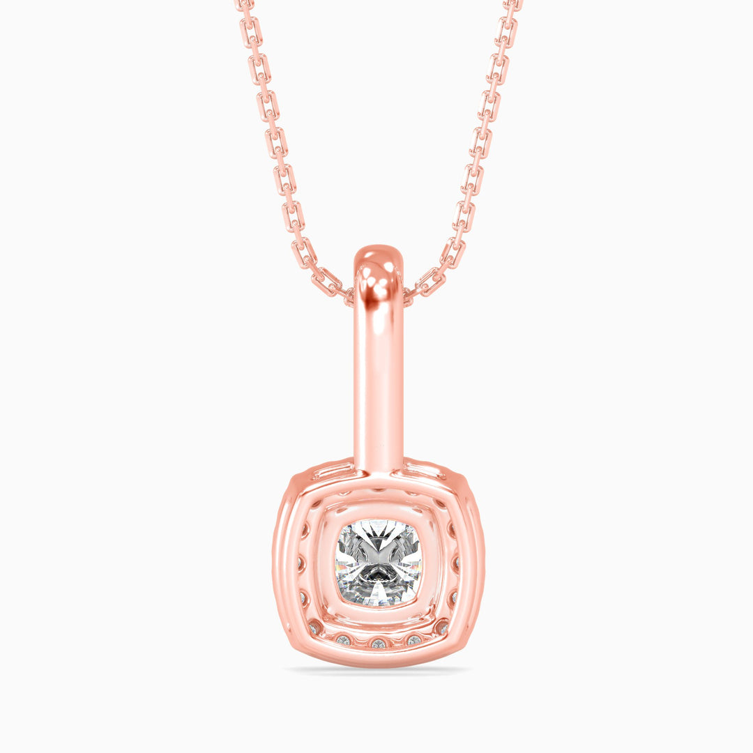 Rose gold necklace with a diamond pendant on a white background