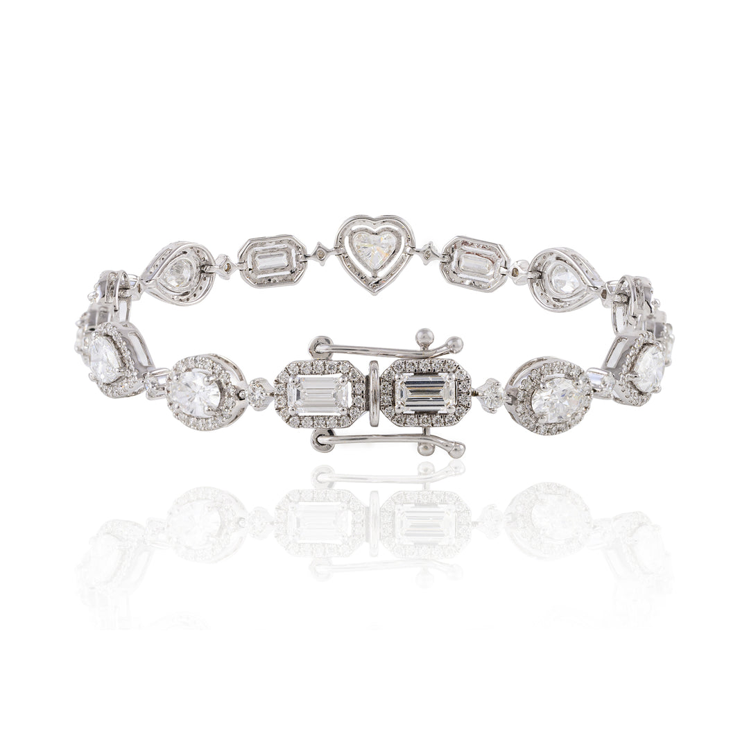 Diamond bracelet with various gemstone shapes on a white background