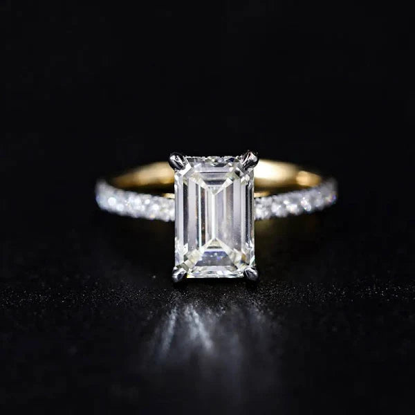 Emerald Cut Lab Diamond Solitaire Accent Engagement Ring